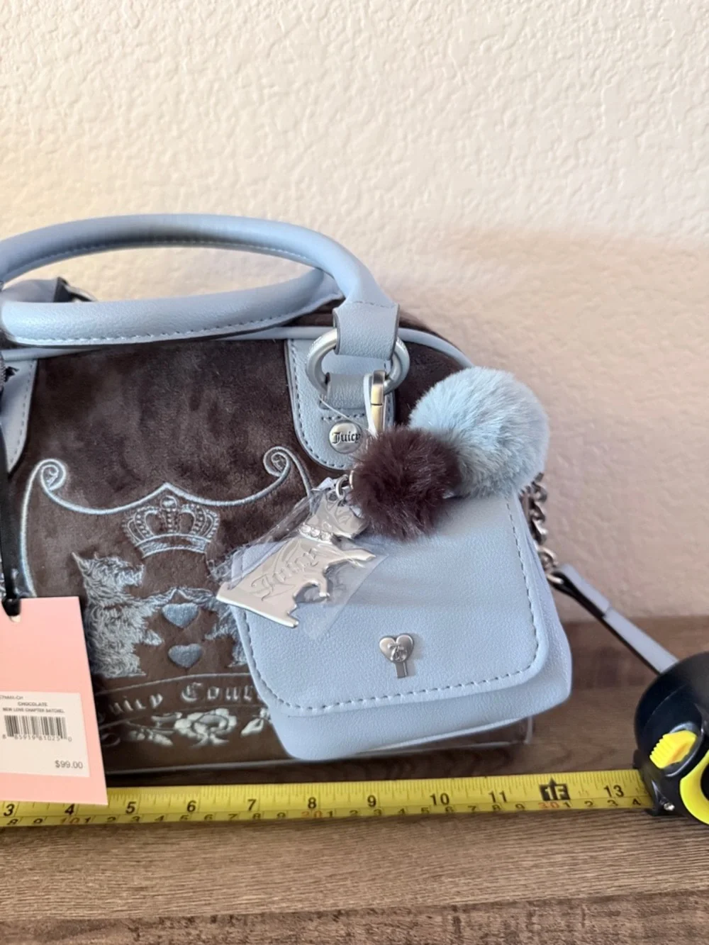 Juicy Couture Light Blue & Brown Velvet love chapter Satchel day dreamer bag